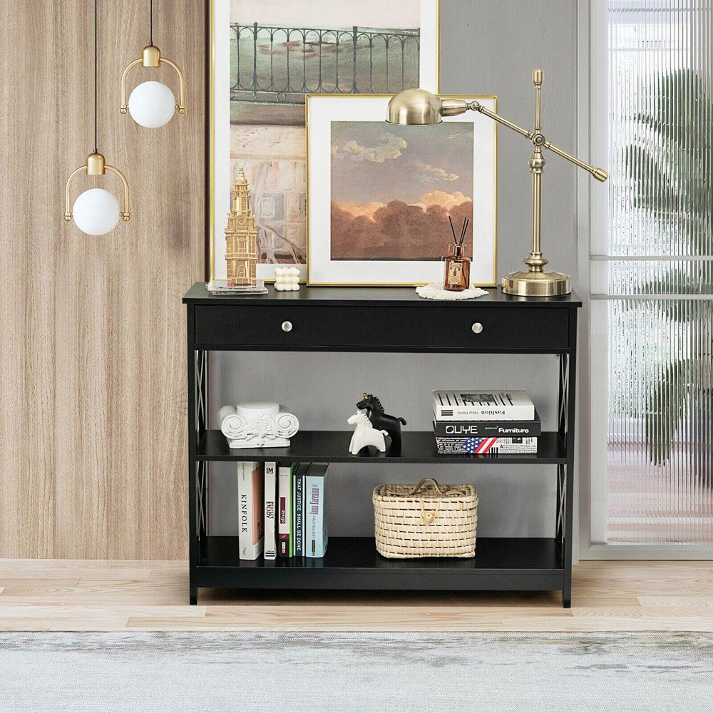 Costway Single Drawer 2 Shelf Black Console Table Image 4