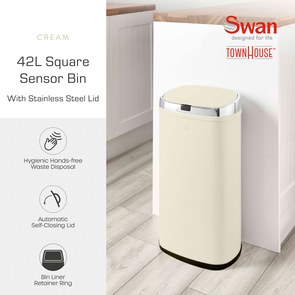 Swan Cream Stainless Steel Square Sensor Bin 42L Image 3