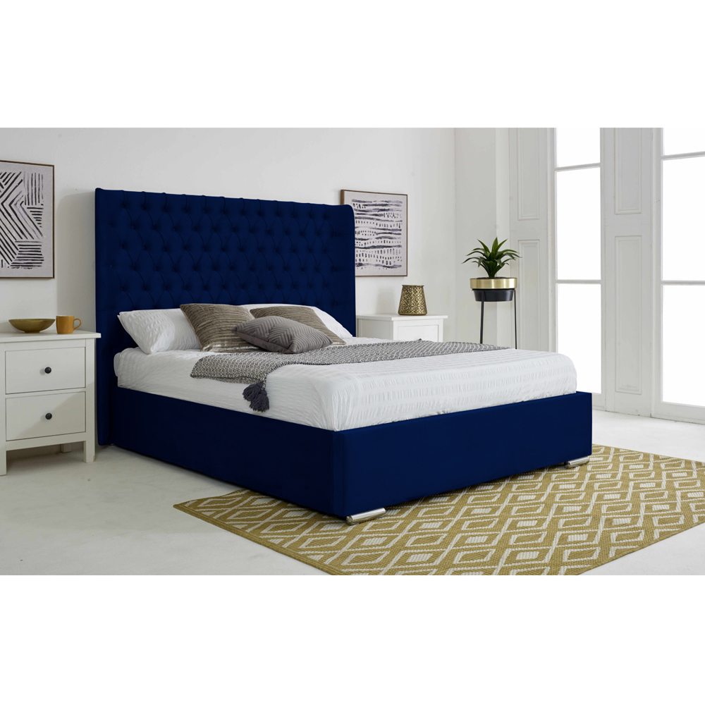 Eleganza Home Woodlake King Size Blue Plush Velvet Bed Frame with Chesterfield Headboard Image 3