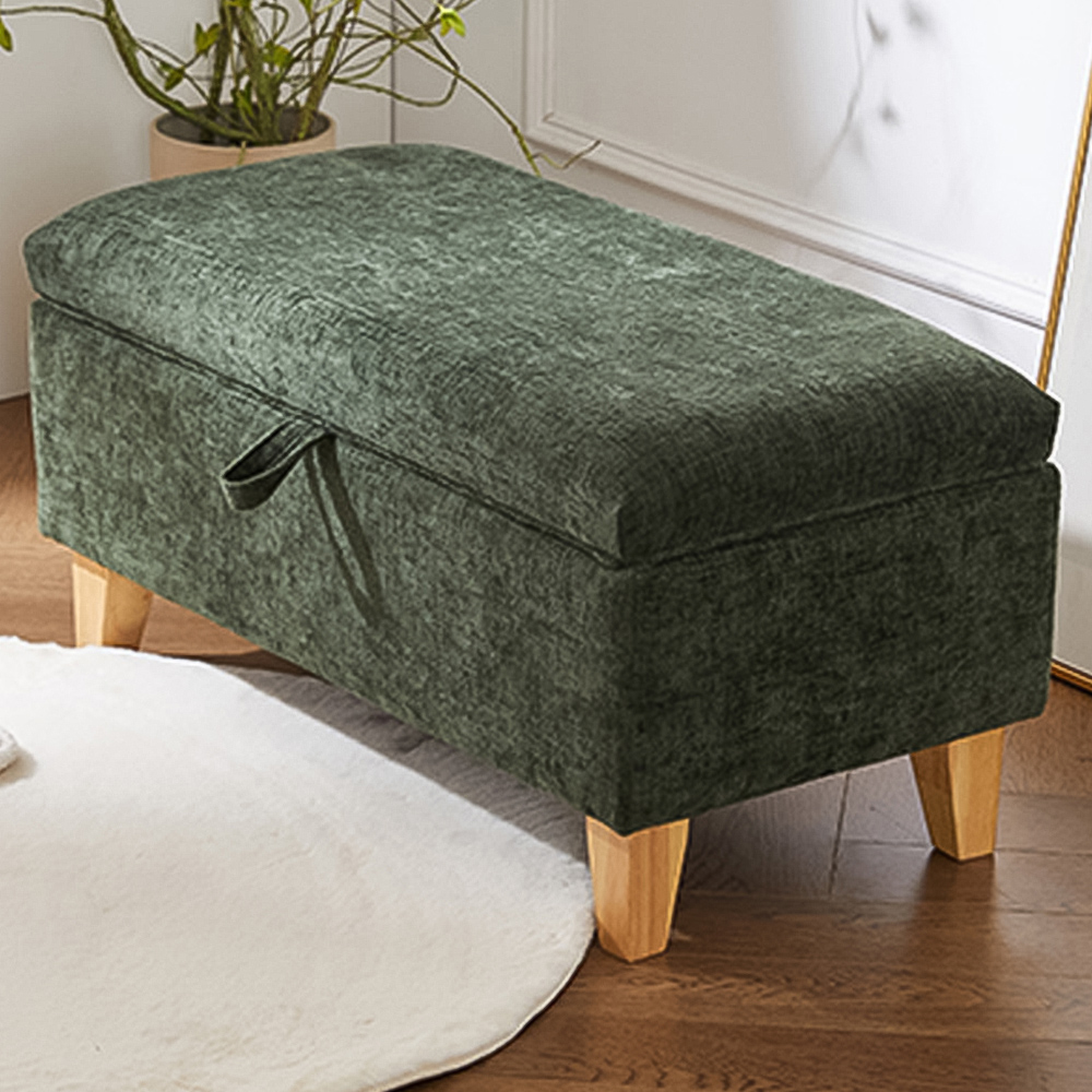Living and Home Green Chenille Upholstered Storage Ottoman Image 1