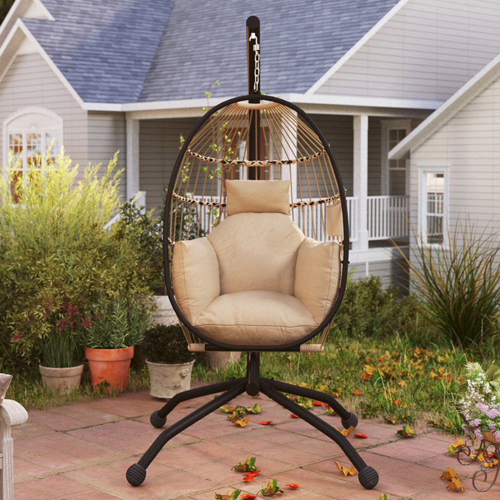 Outsunny Khaki Egg Chair with Folding Basket Image 1