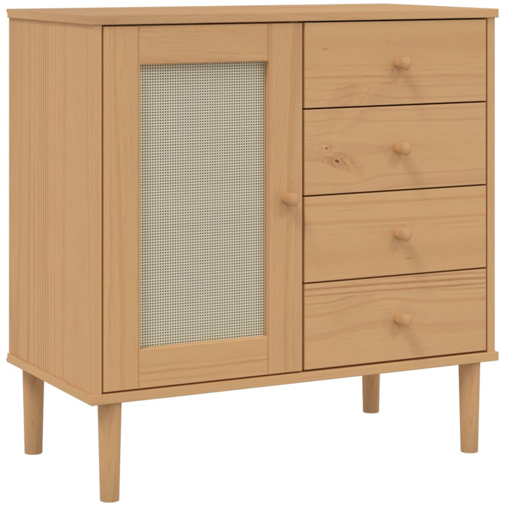 vidaXL Single Rattan Door 4 Drawer Brown Pine Wood Sideboard Image 2