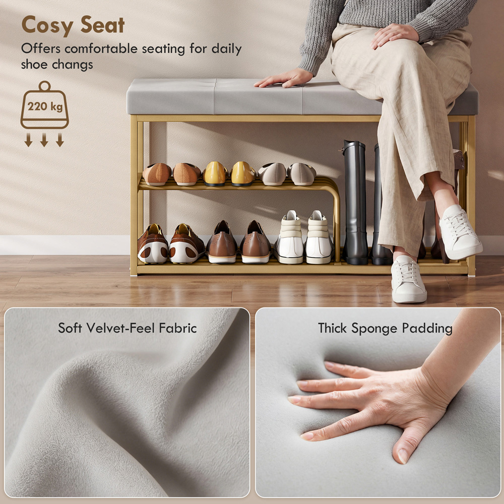 Portland 3 Shelf Grey Shoe Rack Bench with Tufted Cushion Seat Image 4