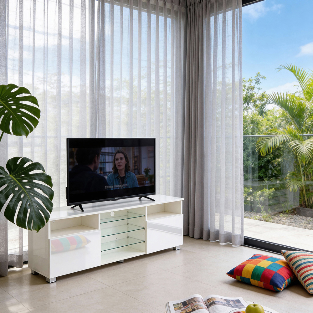 Living and Home 2 Door 6 Shelf White TV Stand with RGB LED Lights and Music Sync Image 8