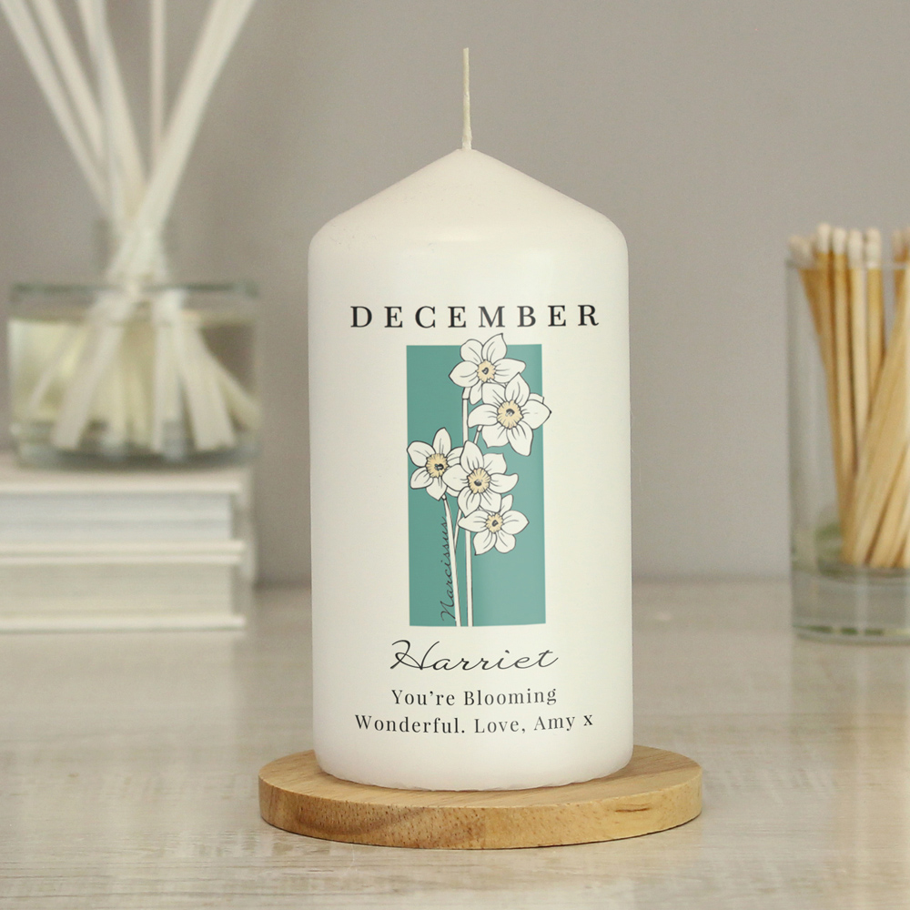 Personalised Memento Personalised Birth Flower Pillar Candle Image 2