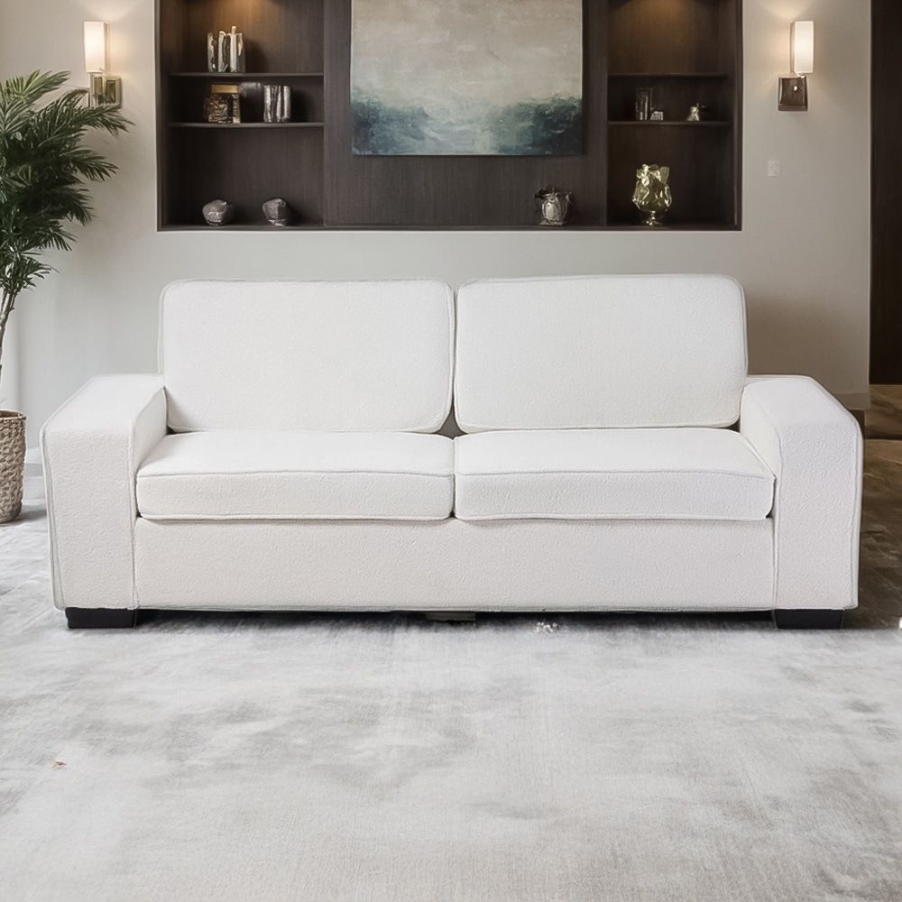 H&O Direct 2 Seater White Teddy Fabric Loveseat Sofa Image 1