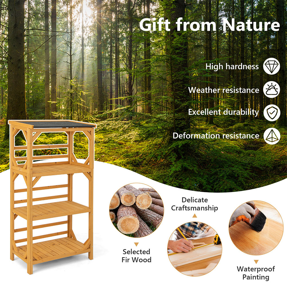 Costway 3 Tier Natural Garden Plant Stand with Weatherproof Roof Image 5