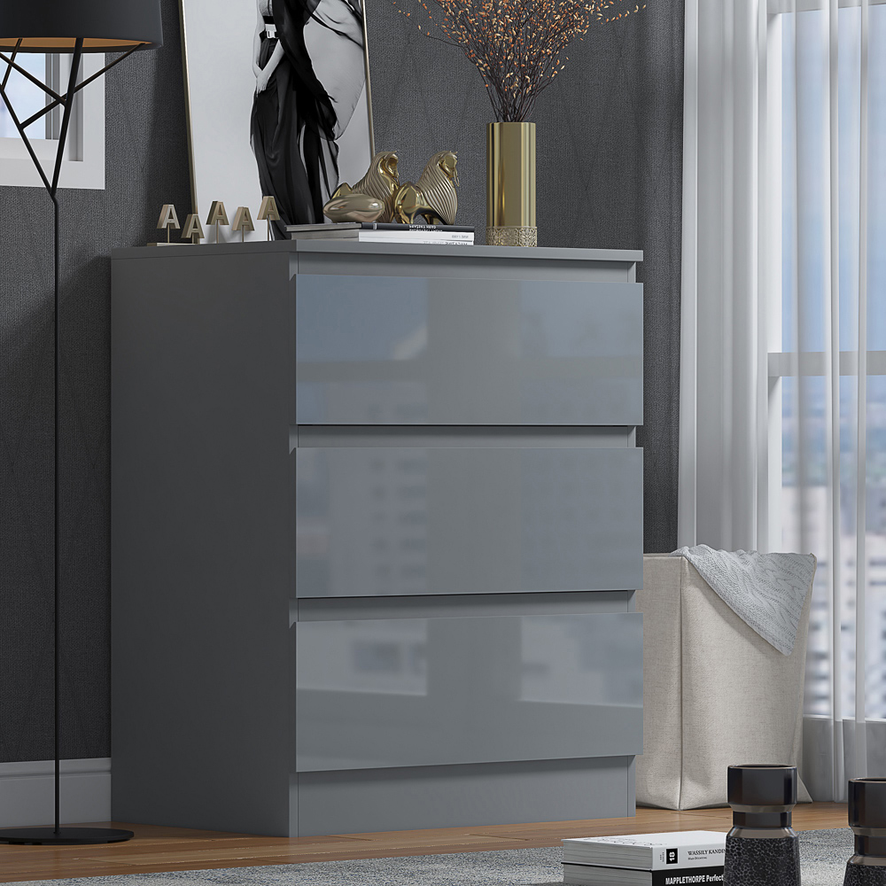 FWStyle Stora 3 Drawer Grey Gloss Chest Of Drawers Image 5