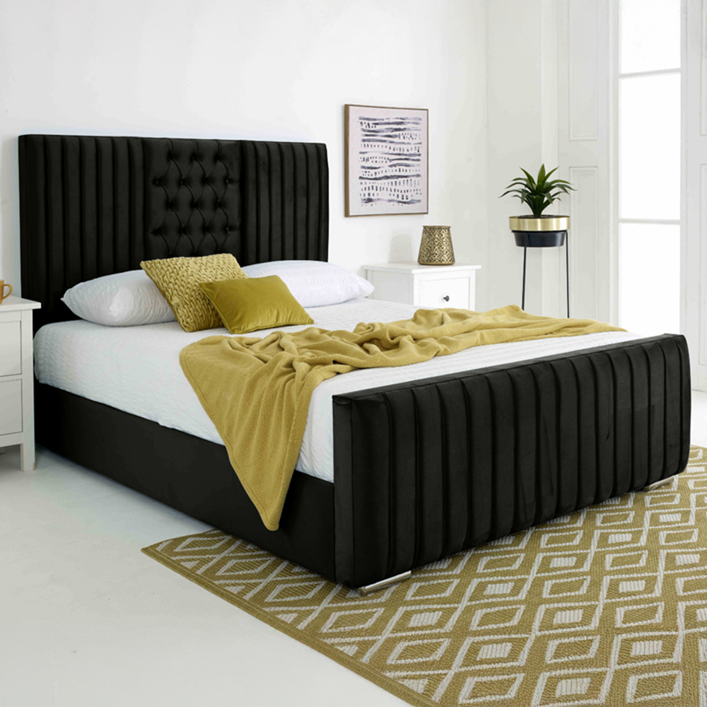 Eleganza Gracie Single Black Plush Velvet Bed Frame with Lined Headboard Image 1