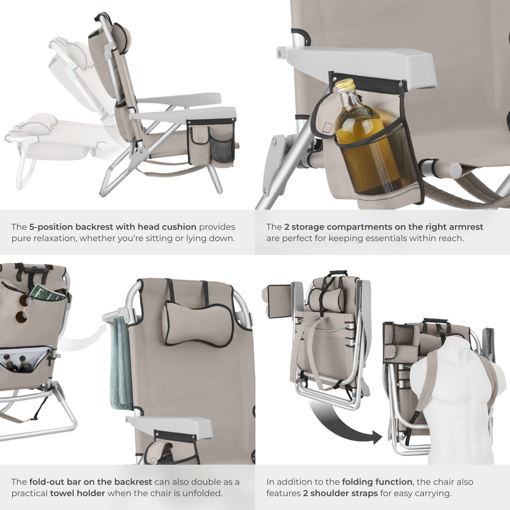 tectake Coral Beige Foldable Beach Chair with Backpack Image 5