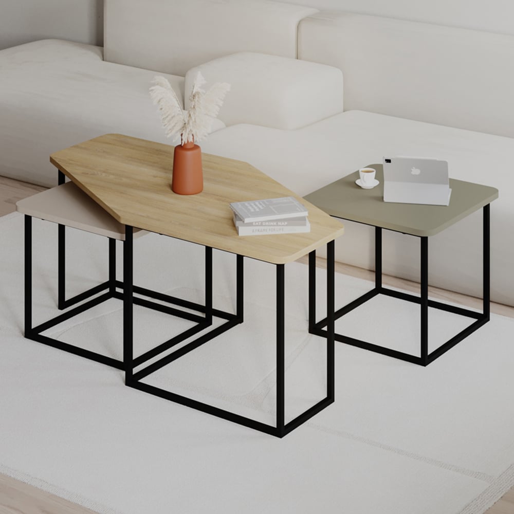 Decortie Nesty Oak Sandstone Ash Green Modern Nest of Coffee Tables Set of 3 Image 1