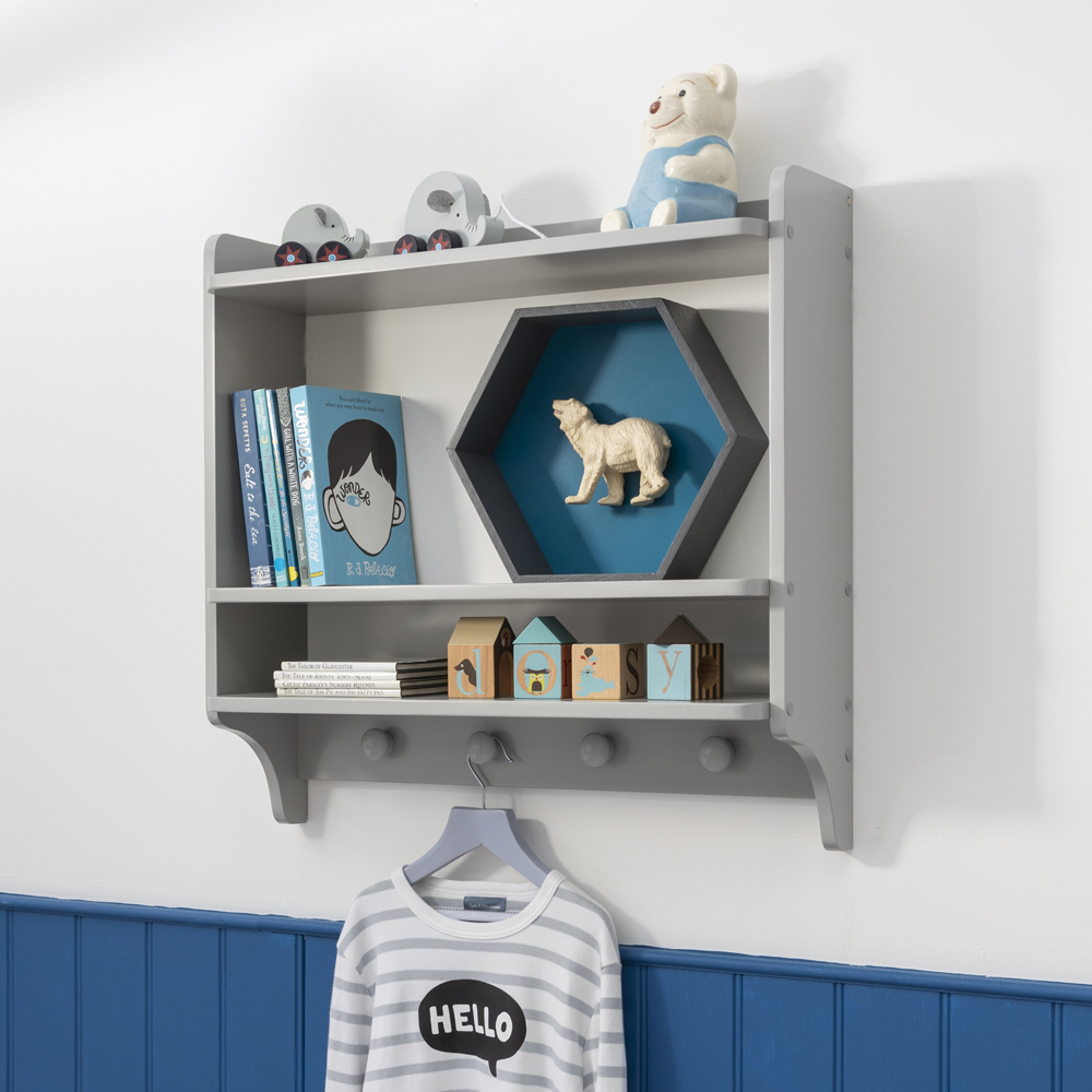 Noa and Nani Hege 3 Shelf 4 Hook Silk Grey Wall Mounted Storage Unit Image 2