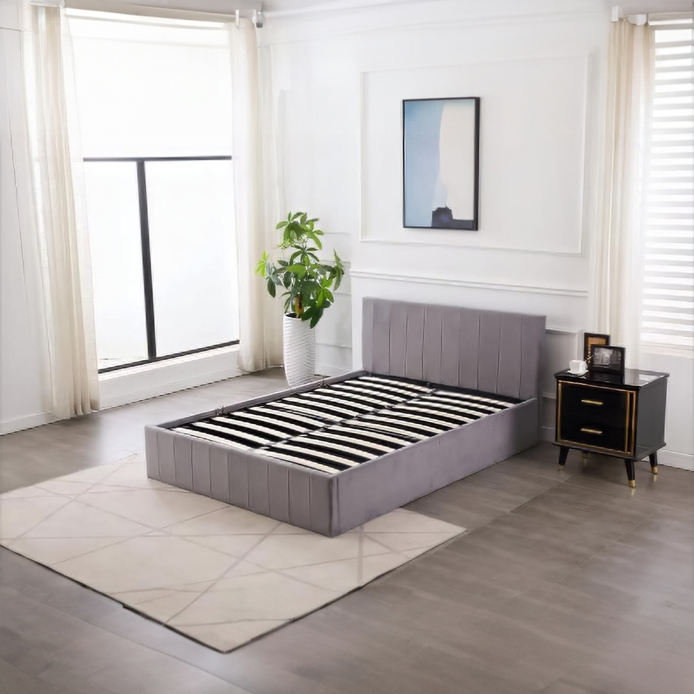 Portland Double Grey Line Pattern Velvet Ottoman Bed Image 2