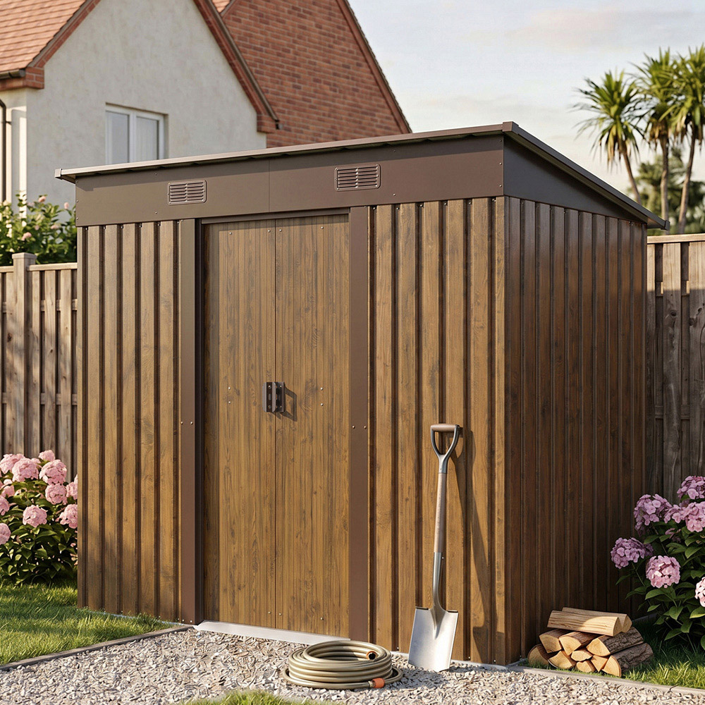 Living and Home 8 x 4ft Brown Wood Grain Finish Metal Pent Garden Shed Image 2