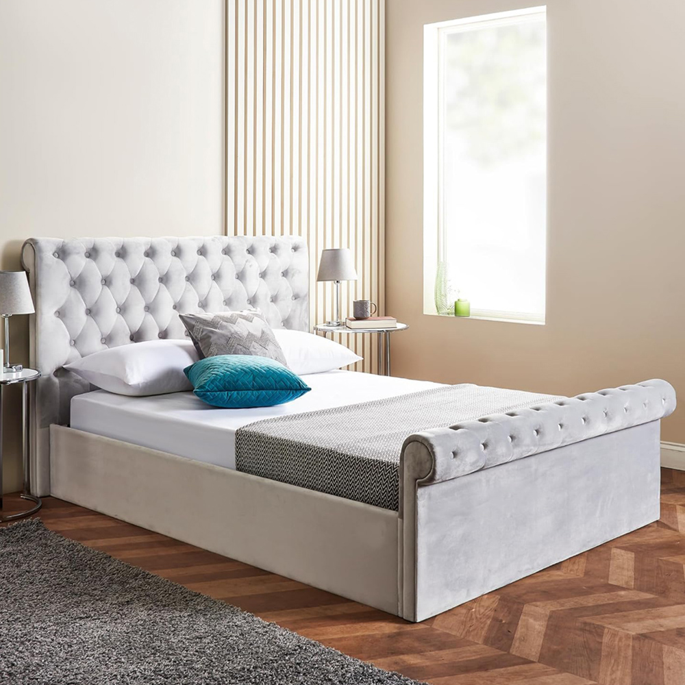 Home Treats Small Double Grey Brushed Velvet Ottoman Bed Image 1