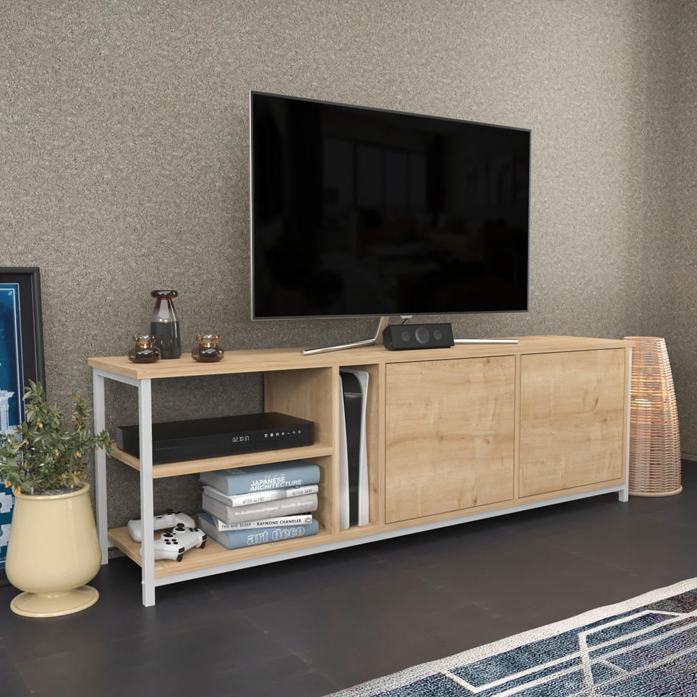 Decorotika Primrose 2 Door 3 Shelf White and Oak TV Stand for 72 inch TV Image 5