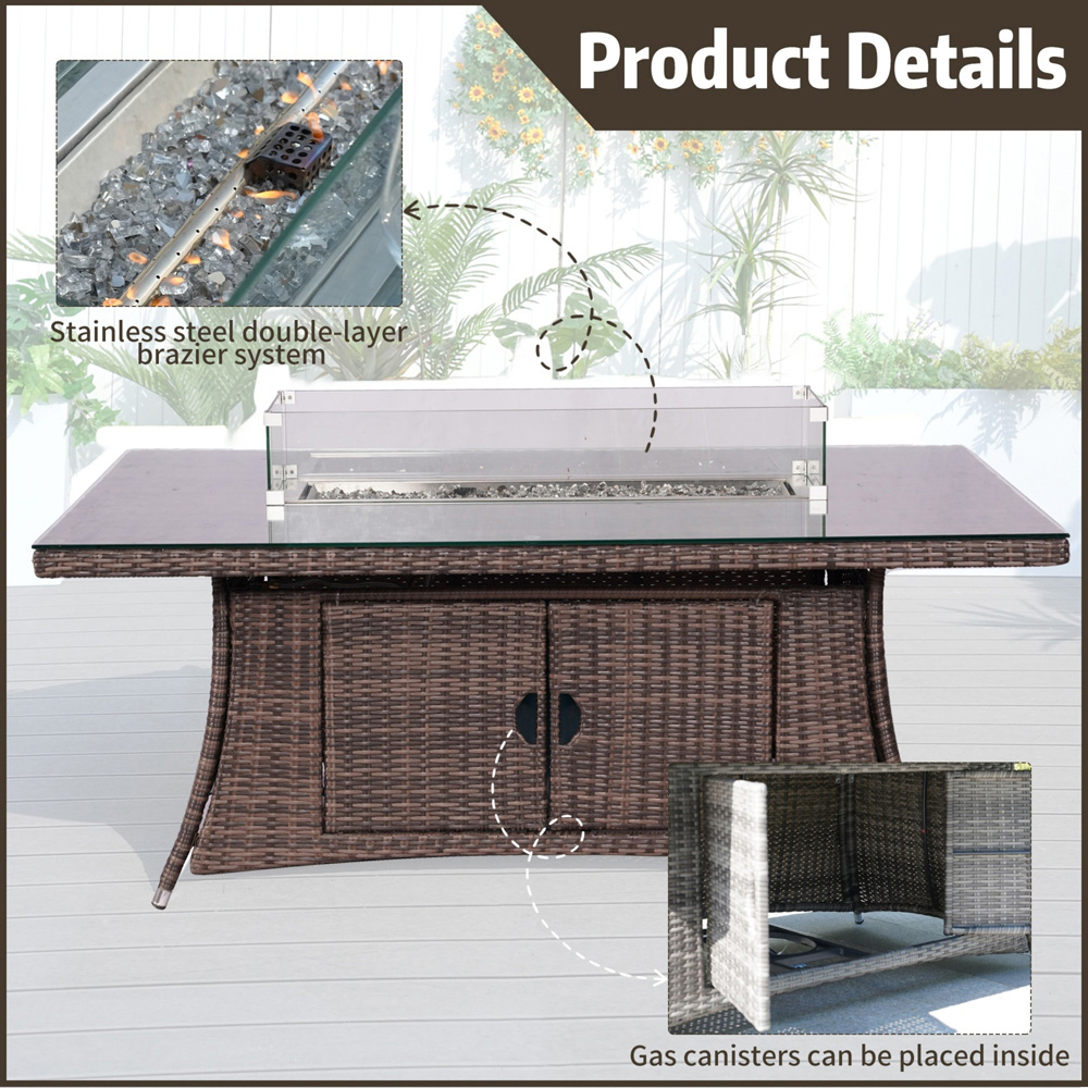 Direct Wicker 6 Seater Brown Rattan Rectangular Fire Pit Dining Table with Glass Top Image 6