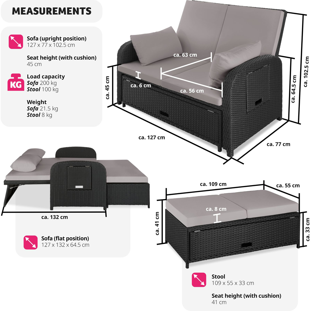 tectake Crete 2 Seater Black and Grey Reclining Garden Sofa Image 9