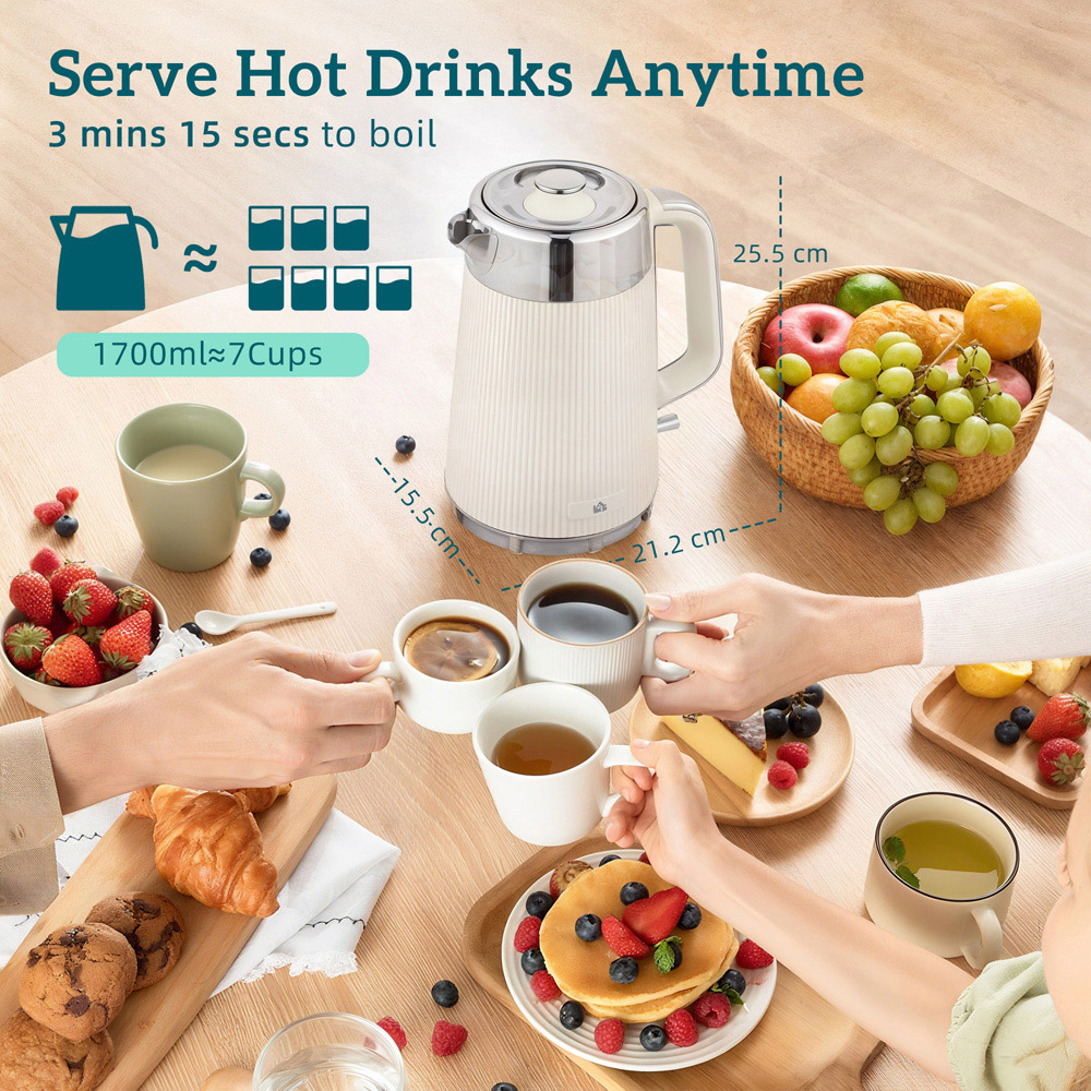 HOMCOM 800-266V70CW Cream 1.7L Rapid Boil Kettle 3000W and 4 Slice Toaster Set Image 8