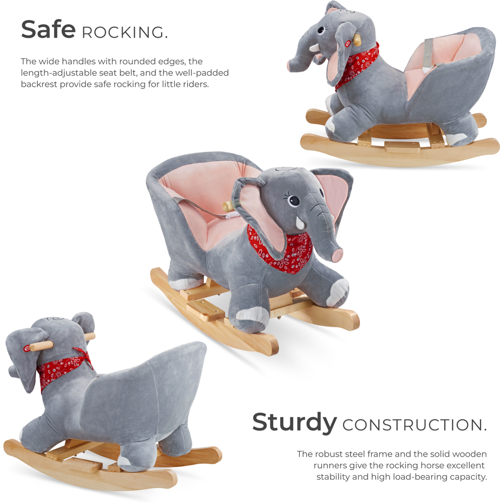 tectake Kids Grey Elephant Plush Cover Wooden Rocking Horse Image 4