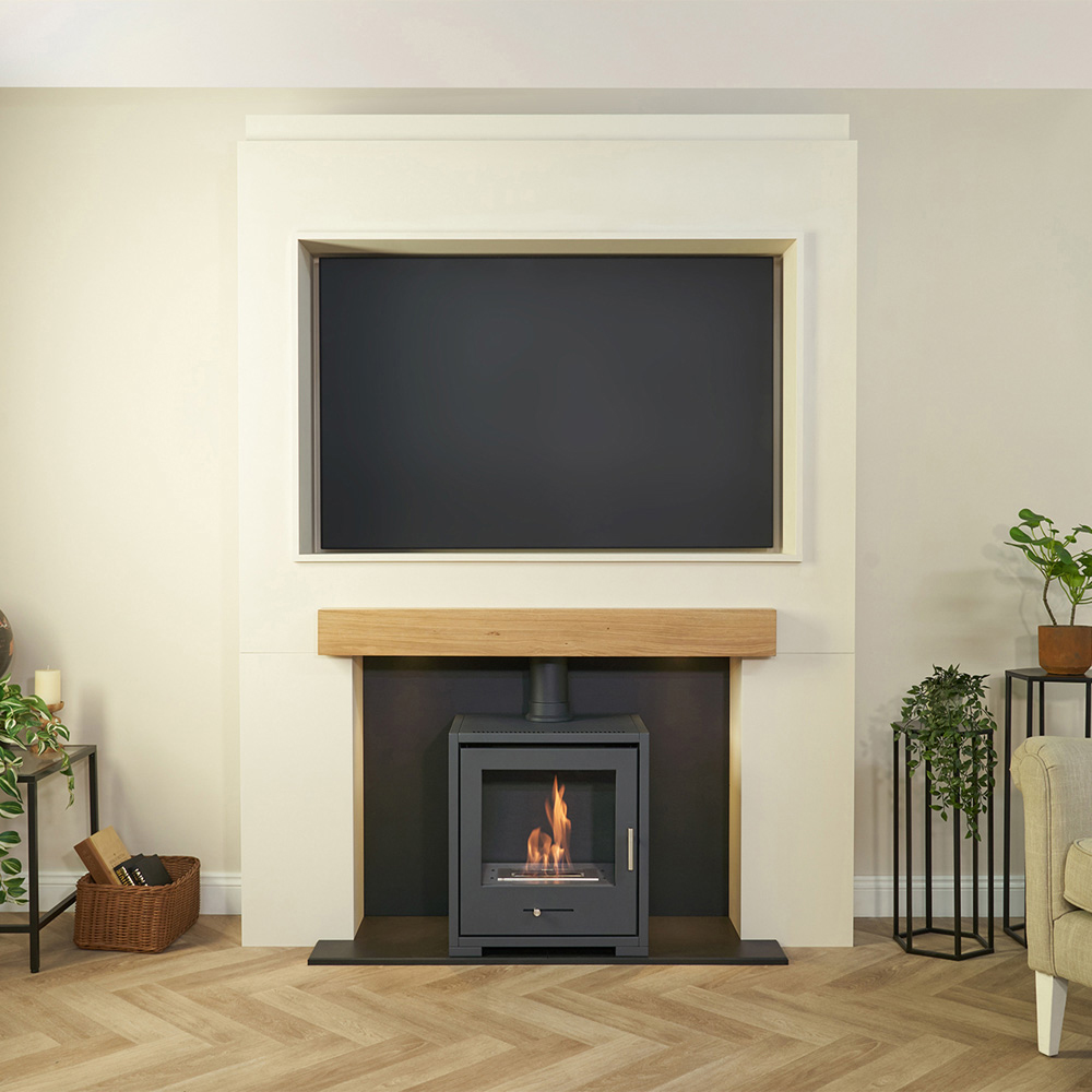 Acantha Pre-Built Media Wall 2 with TV Recess and Charcoal Grey Bio-Ethanol Stove Image 5
