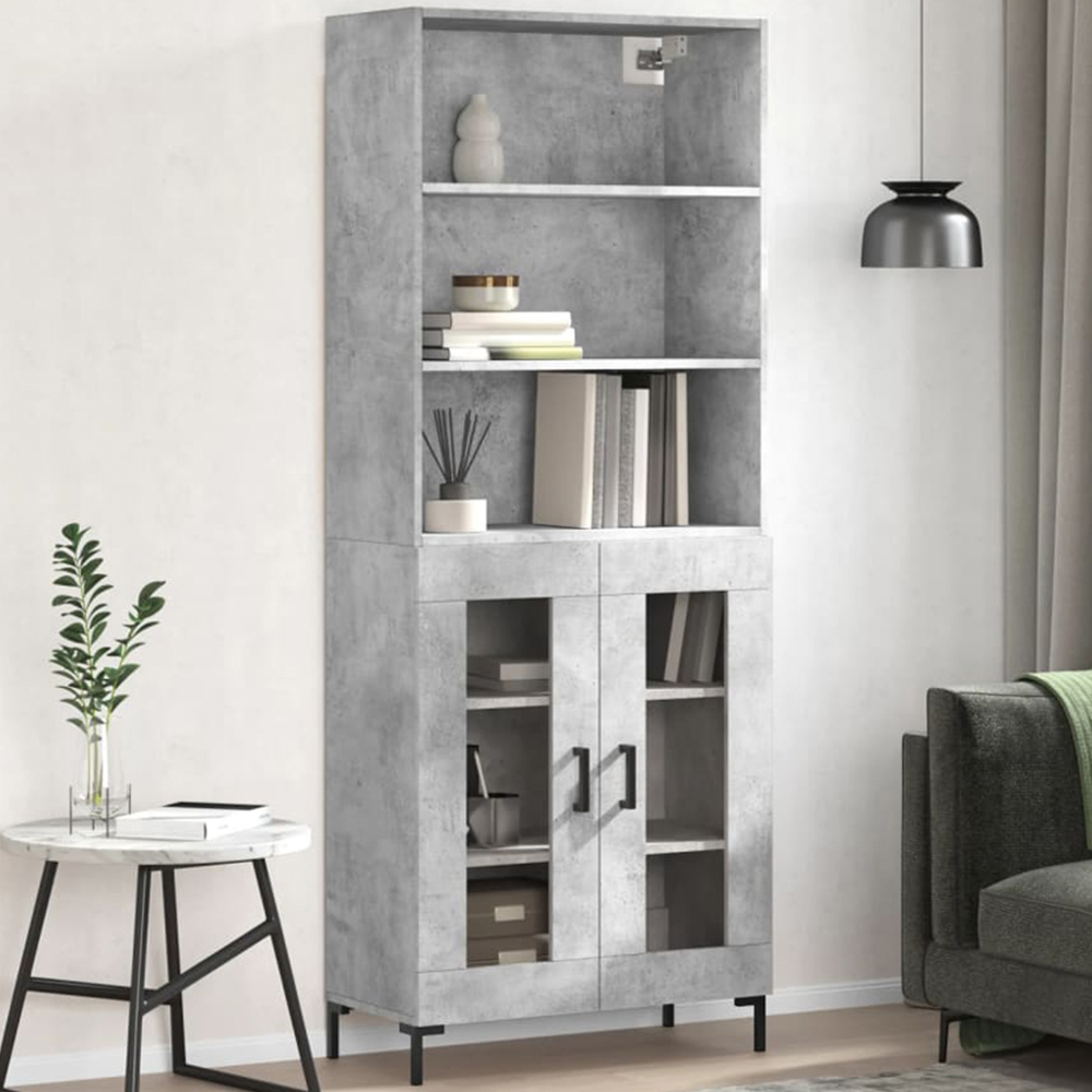 vidaXL 2 Glass Door 3 Shelf Concrete Grey Tall Highboard Image 1