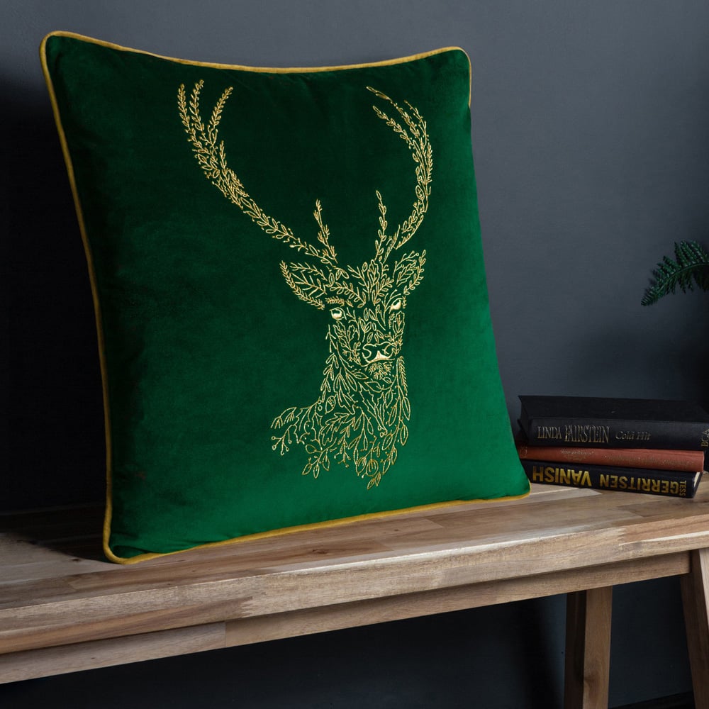 furn. Forest Fauna Emerald and Gold Stag Velvet Piped Cushion Image 2