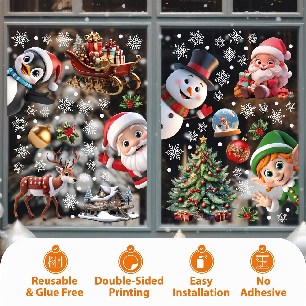 Walplus Peeking Santa and Friends with Snowflakes Double-Sided Christmas Window Stickers 149 Piece Image 3
