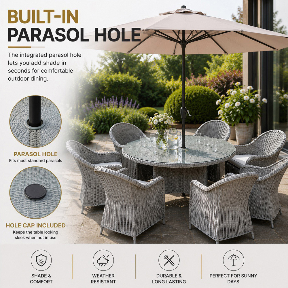Shatchi Sorrento 6 Seater Rattan Aluminium Round Garden Dining Set Light Grey Image 8