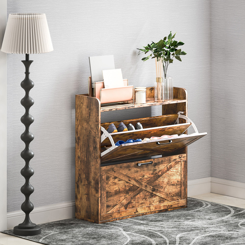 HOMCOM 2 Flip Down Drawer Single Shelf Rustic Brown Narrow Shoe Cabinet Image 4