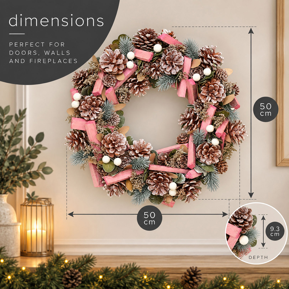 Neo White and Pink Artificial Frosted Christmas Wreath with Berries and Pine Cones 50cm Image 7
