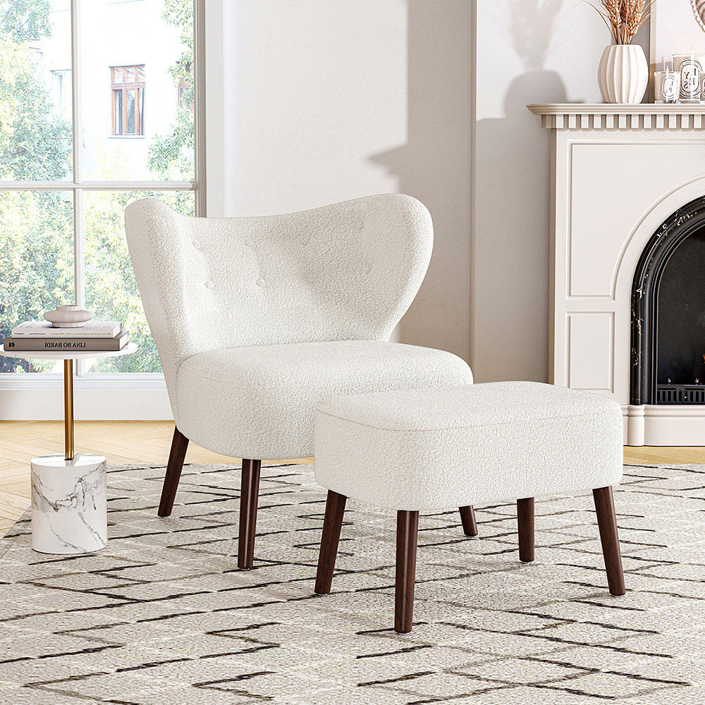 Living and Home White Teddy Bear Fur Tufted Accent Chair and Footstool Image 3