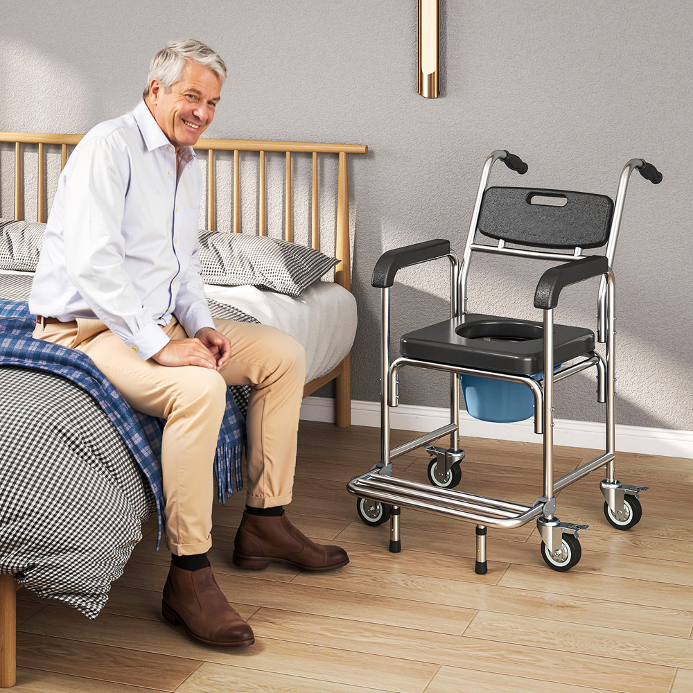 HOMCOM Black Transport Beside Shower Chair with Wheels and Padded Seat Image 2