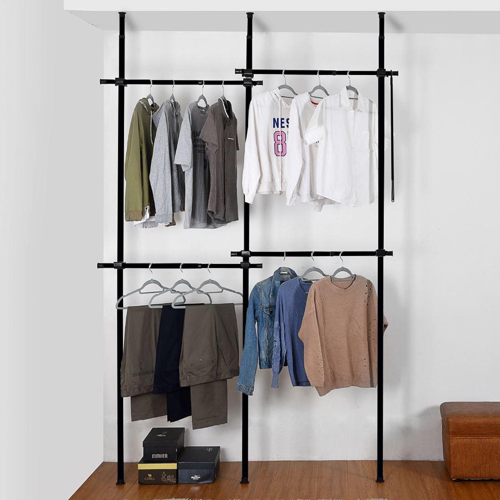 House of Home 2 Tier Double Telescopic Hanging Rail Adjustable Black Wardrobe Image 2