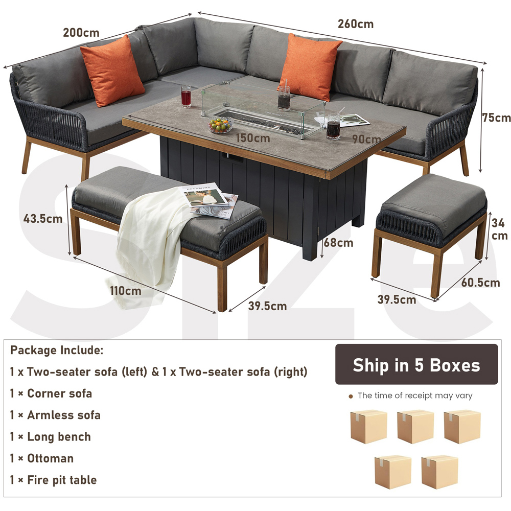 Furniture One 9 Seater Aluminium Corner Sofa Set with Fire Pit Table Image 8