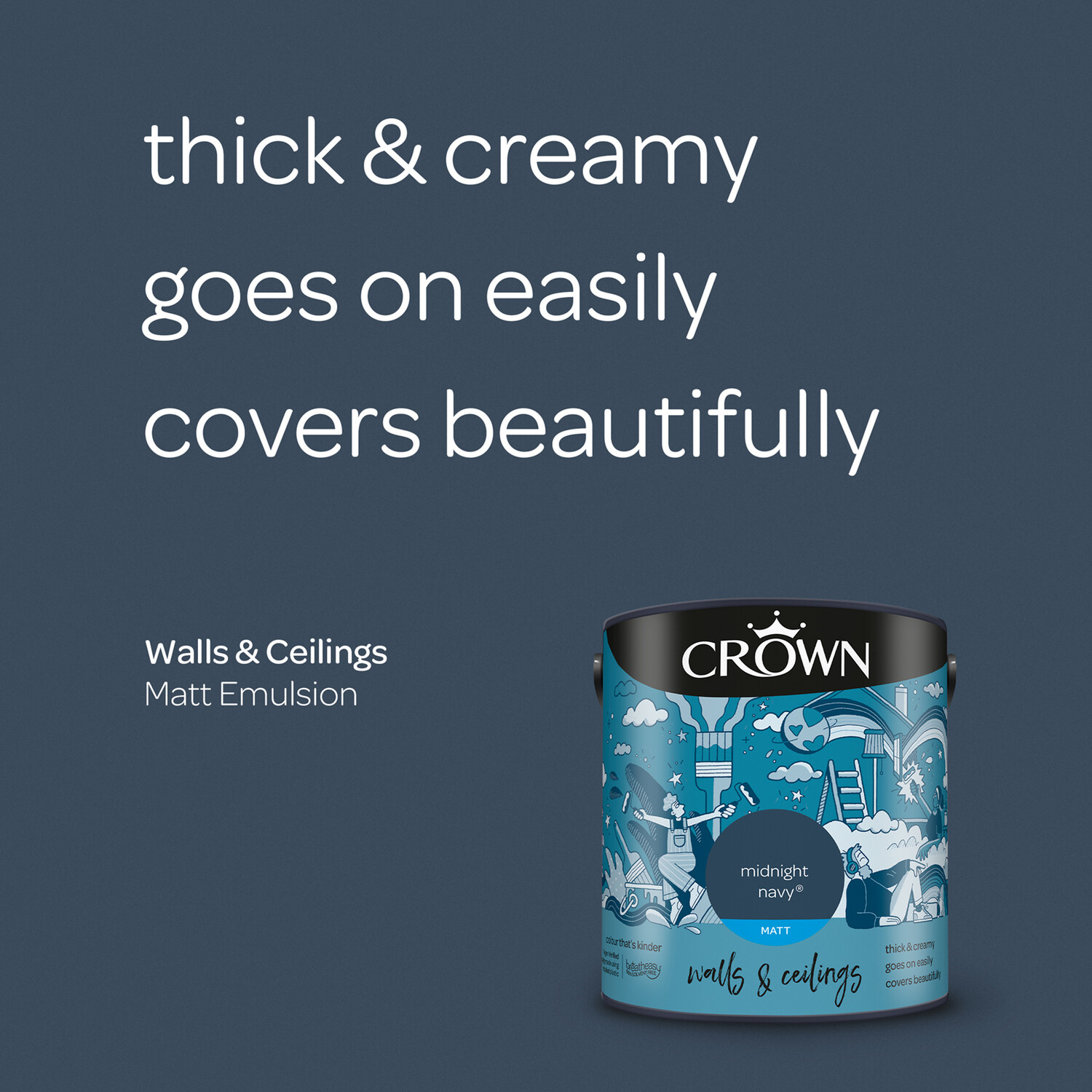 Crown Breatheasy Walls and Ceilings Midnight Navy Matt Emulsion Paint 2.5L Image 6