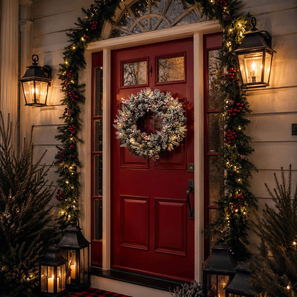Abrihome 35 Warm White LED Snow Flocked Artificial Christmas Wreath with Tips and Pinecones 50cm Image 4