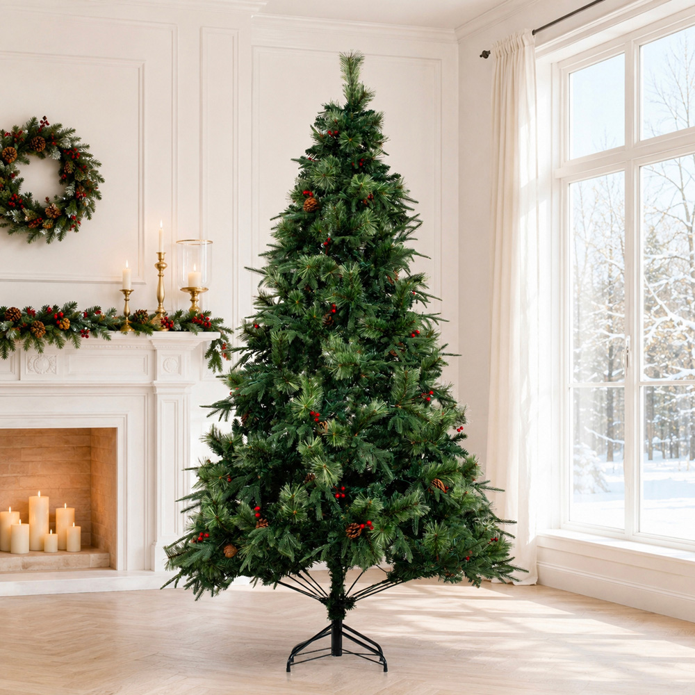 Abrihome Green Artificial Christmas Tree with Blooming Pine Needles Berries and Pinecones 8.5ft Image 3