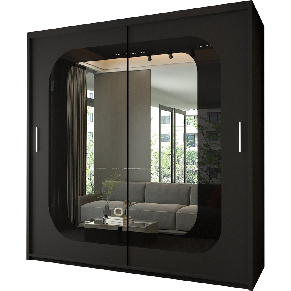 Modern Sliding Wardrobe with Central Mirror, Adjustable Shelves and Hanging Rails (Black 203cm) Image 2