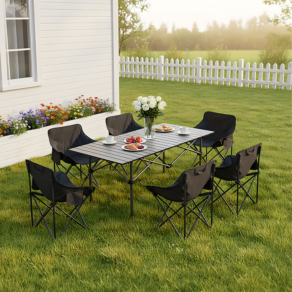 Living and Home 6 Seater Black Folding Camping Table and Chair Set Image 7