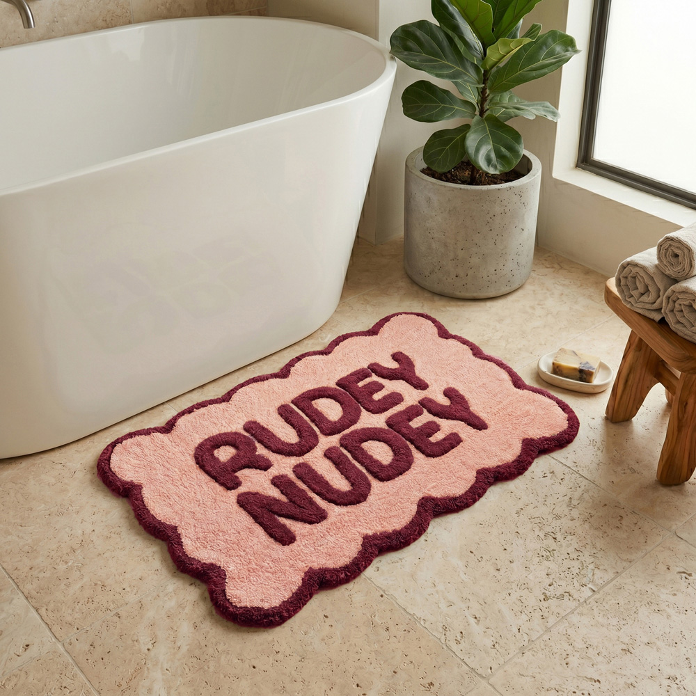 Allure Bath Fashions Burgundy and Pink Rudey Nudey Slogan Scalloped Non-Slip Bath Mat 50 x 80cm Image 5