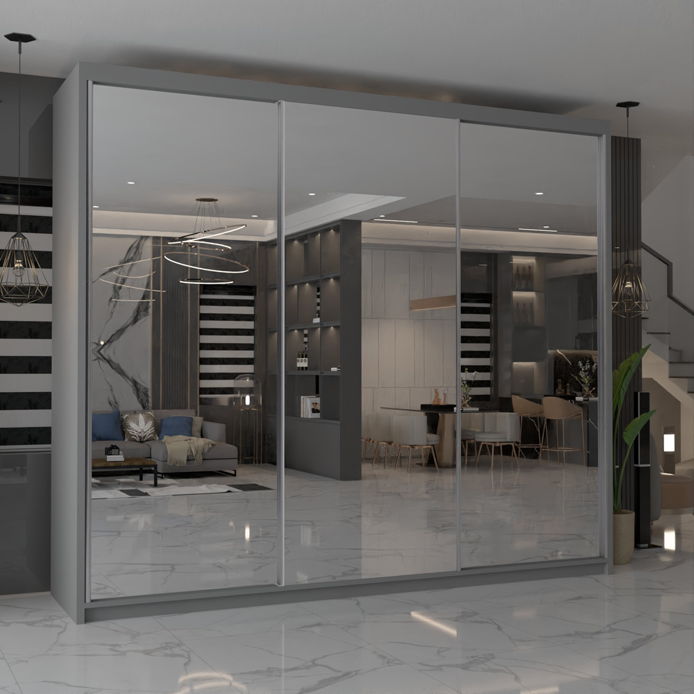 M N Furniture Modern Gala 3 Door Grey Mirrored Sliding Wardrobe 250cm Image 4