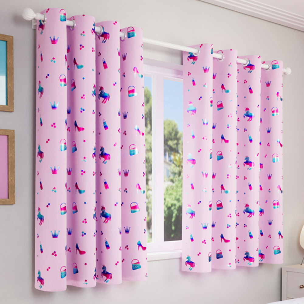 Enhanced Living Charm Pink Metallic Print Kids Thermal Darkening Eyelet Curtains 168 x 183cm Image 1