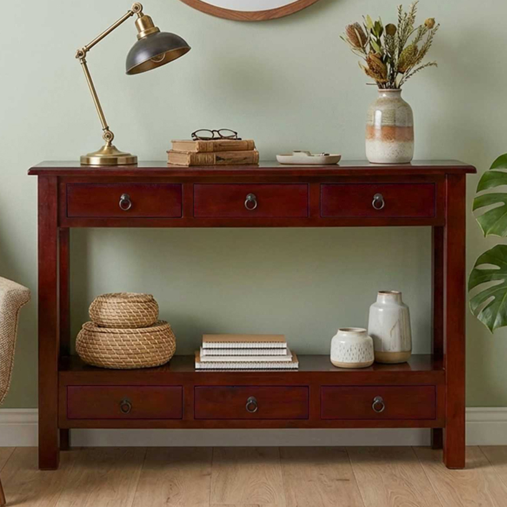 vidaXL 6 Drawer Single Shelf Brown Solid Mahogany Wood Console Table Image 1