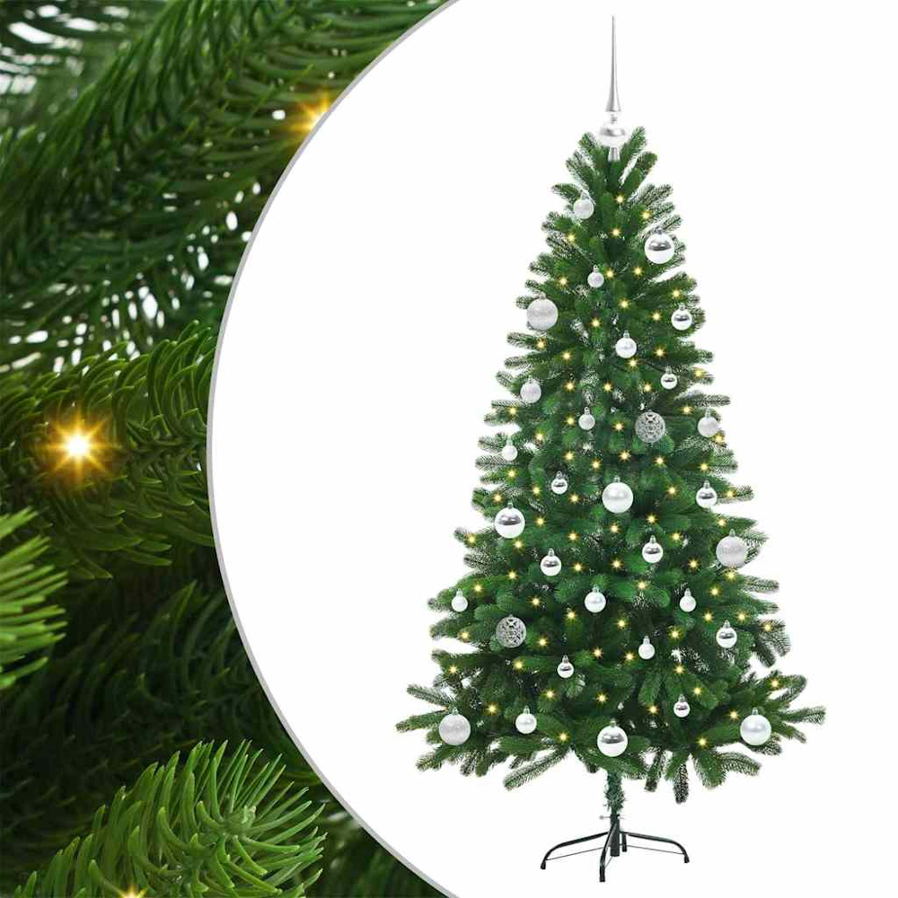 vidaXL Pre-Lit Silver Baubles Green Artificial Christmas Tree 5ft Image 2
