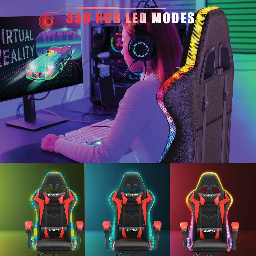Rattrix Red Height Adjustable Lumbar Backrest Gaming Chair with Headrest and LED Light Image 5
