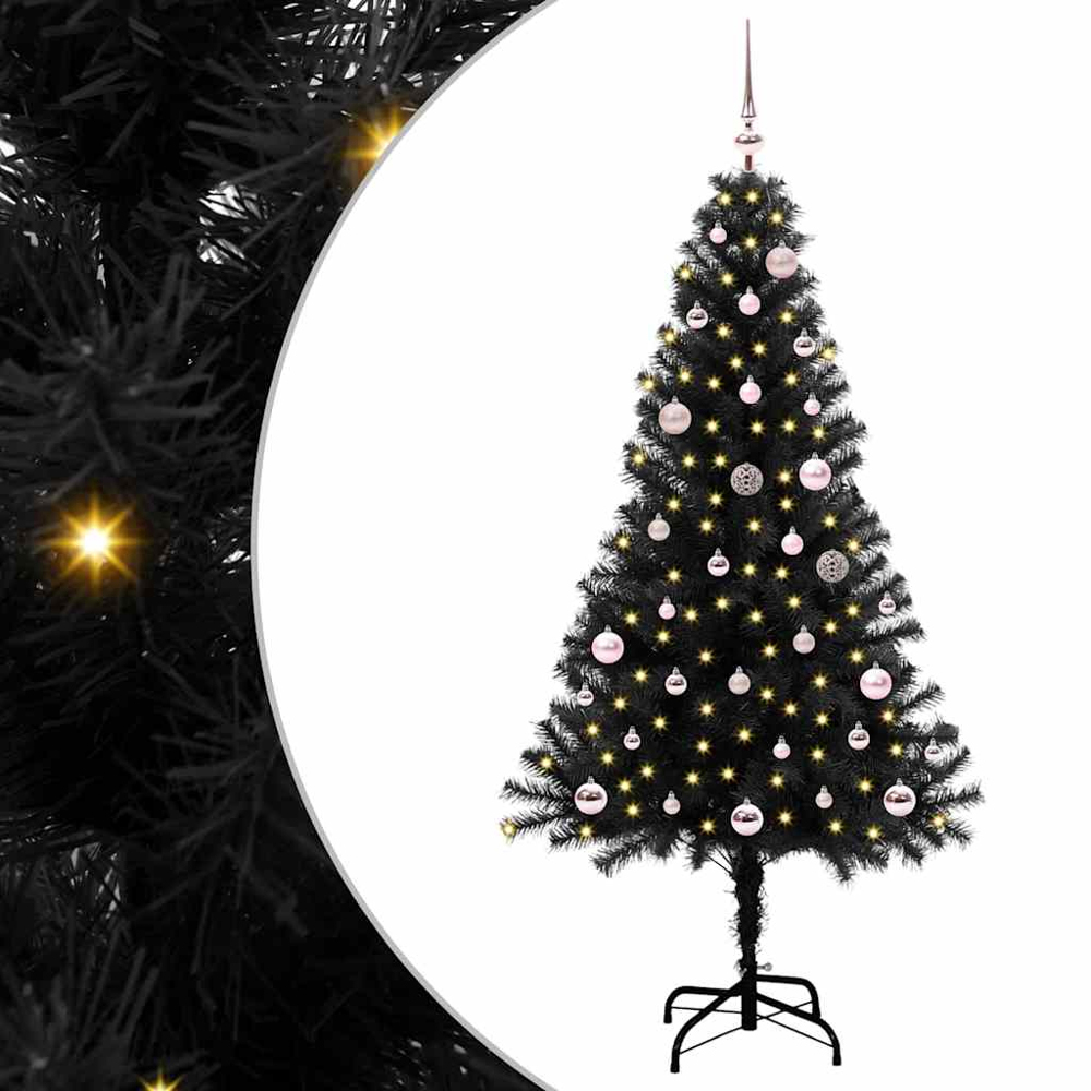 vidaXL Pre-Lit Pink Baubles Black Artificial Christmas Tree 5ft Image 2