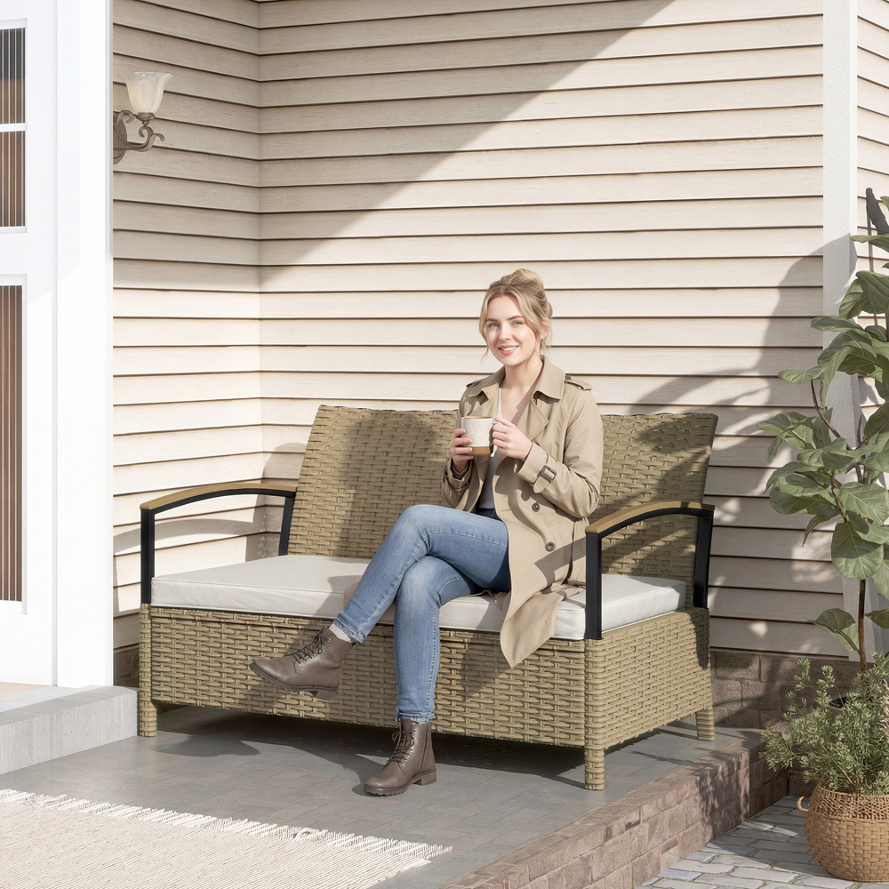 Outsunny 2 Seater Khaki PE Rattan Garden Storage Bench Image 2