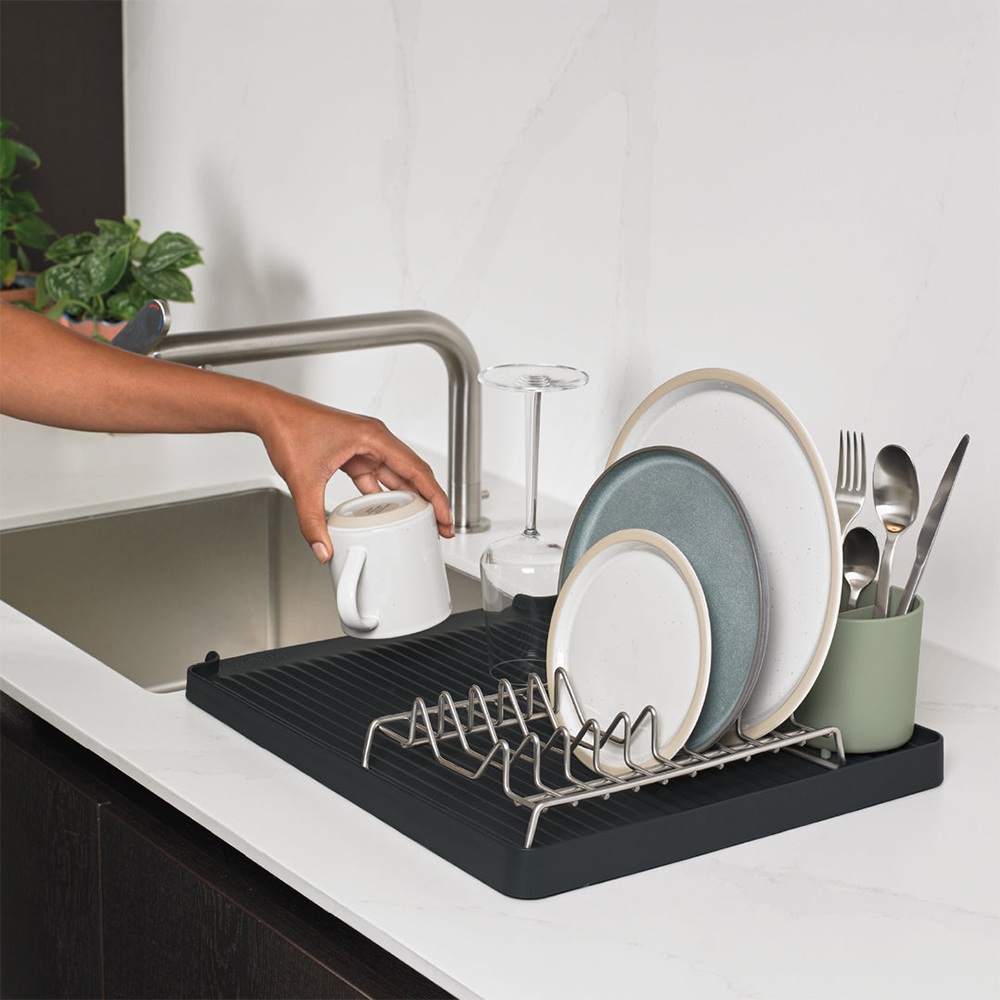 ReBorn Charcoal Grey and Sage Green Large Kitchen Draining Rack with Cutlery Holder Image 6