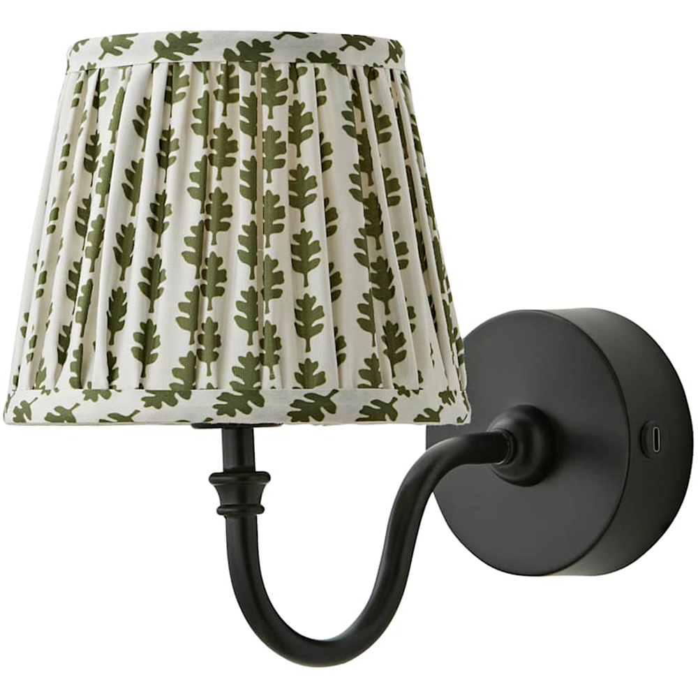 ValueLights Lowe Green Ditsy Floral Pleated Shade Black Rechargeable Wall Light with Bulb Image 1
